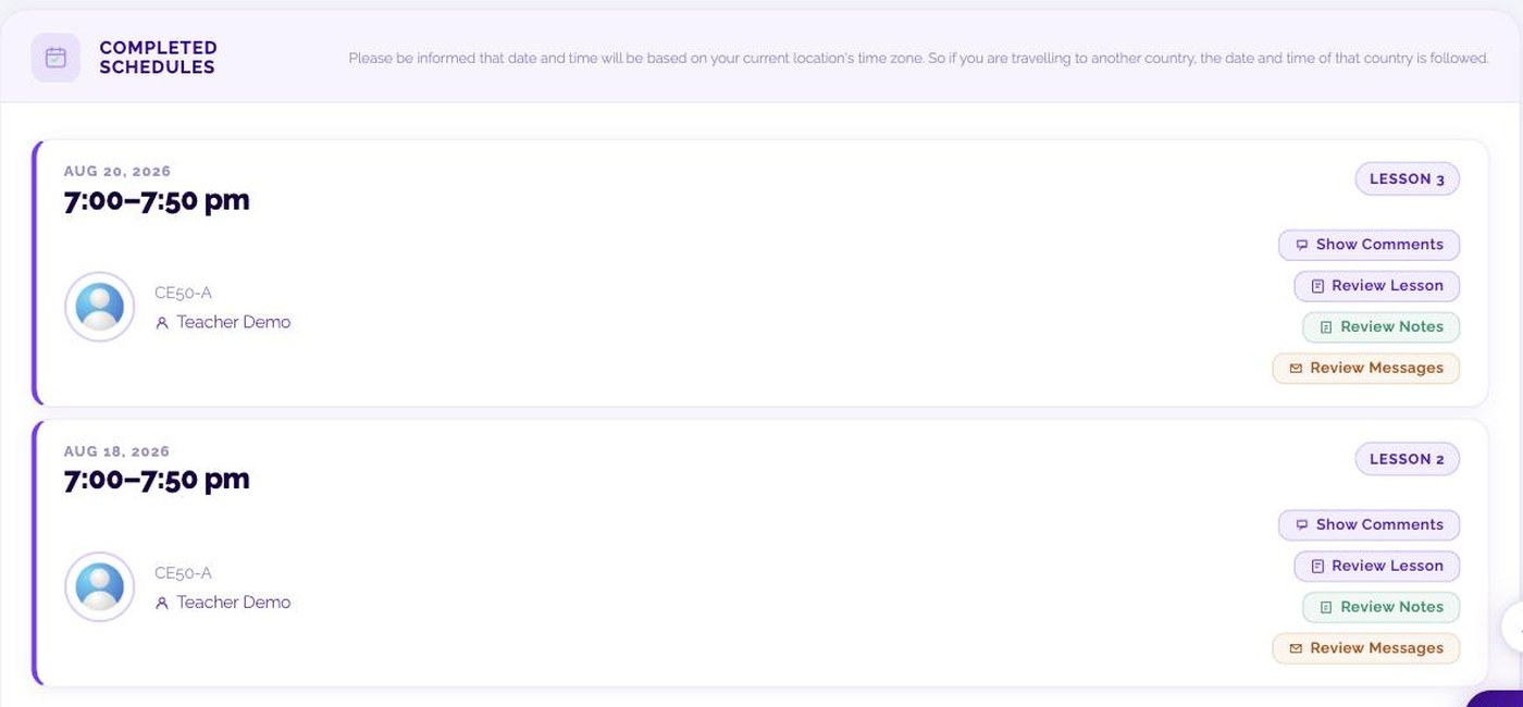 DONE 分页的「COMPLETED SCHEDULES」：Show Comments、Review Lesson、Review Notes、Review Messages。
